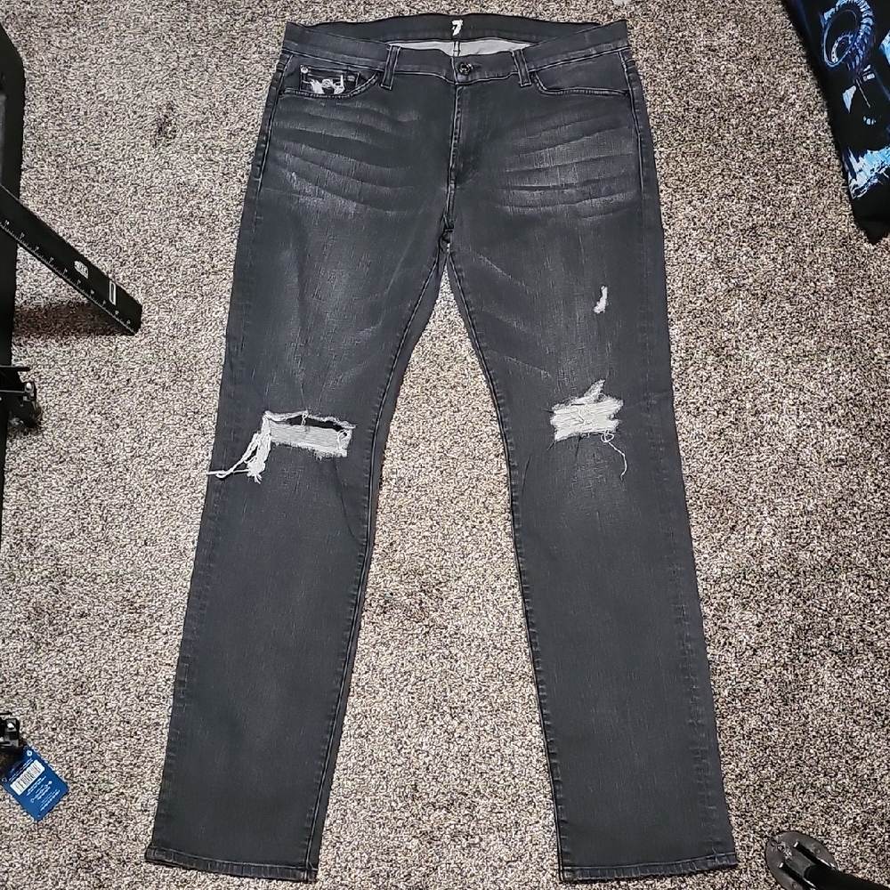 7 For All Mankind Men's Distressed Dark Gray Skinny Jeans 36x34